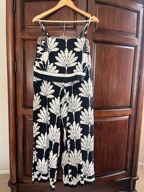 LOFT Black and Cream Tropical Print Crop Tank and Wide Leg Pants Set